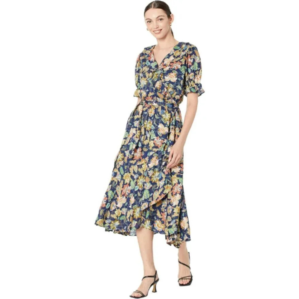 BUFFALO DAVID BITTON Navy Floral Wrap Midi Dress |‎ Lightweight Flowy Fit | XL *